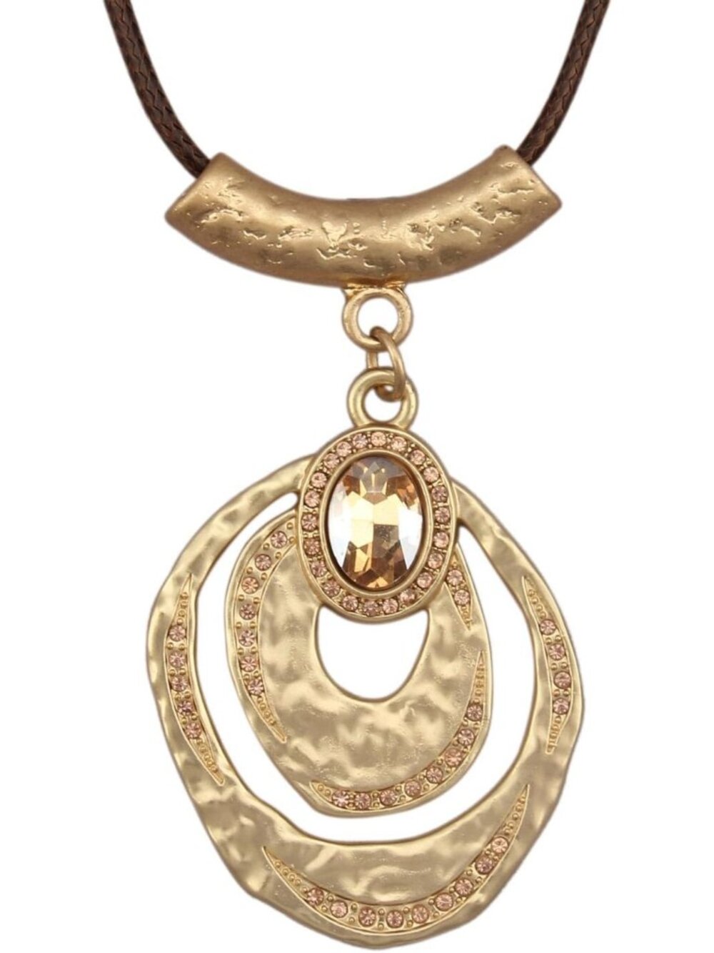 Women's Boho Gold Crystal Pendant Necklace Hammered Multi Hoop Oval Choker